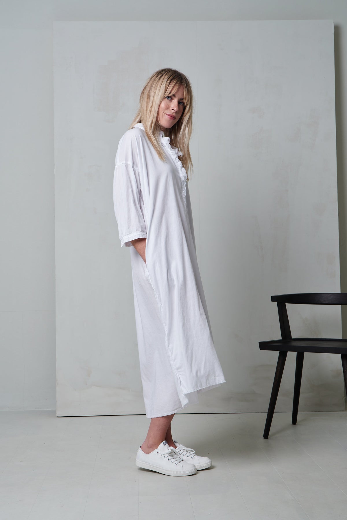 White Ruffled Collar Mid-Length Shirt Dress
