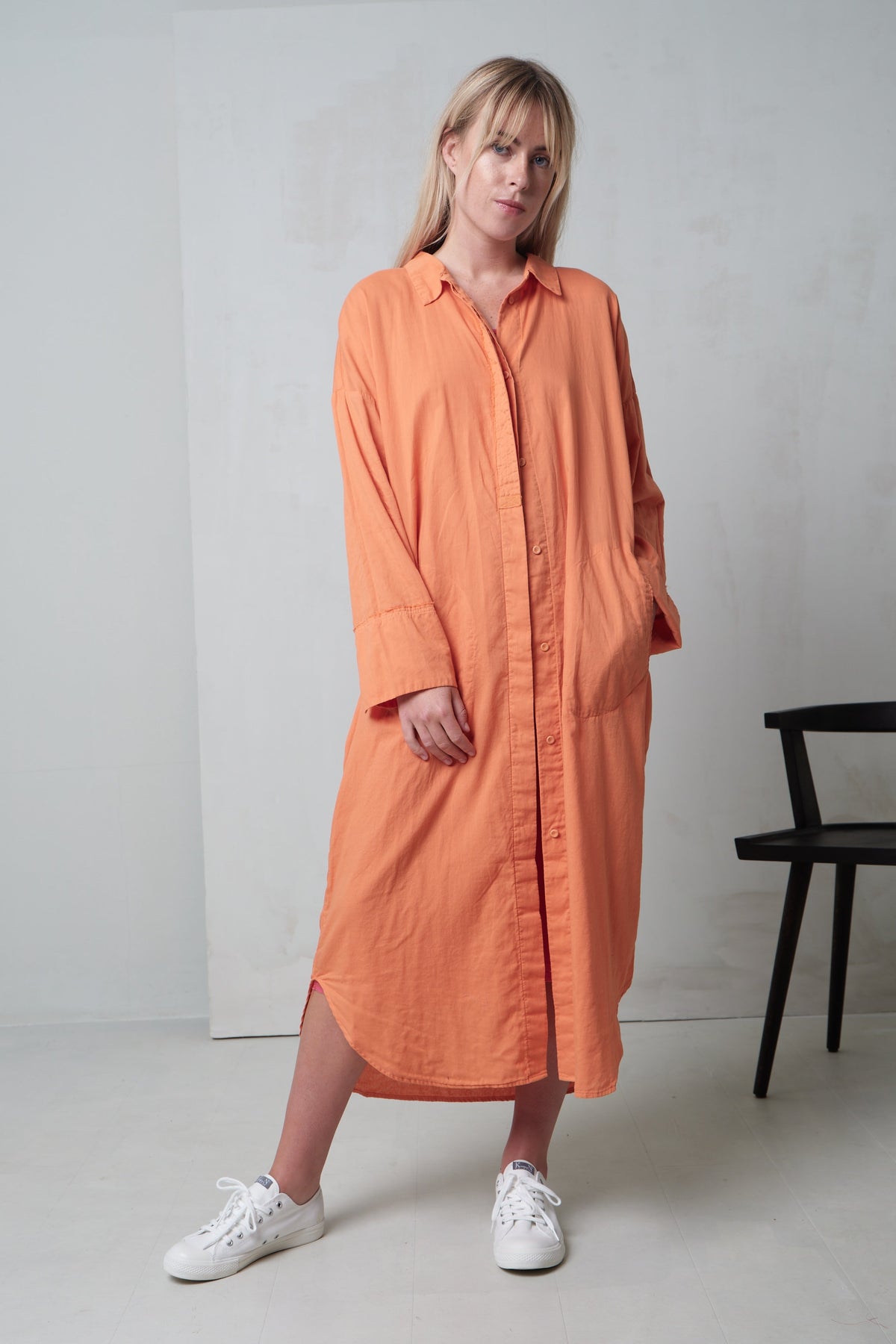 Orange Casual Loose Long-Sleeve Shirt Dress