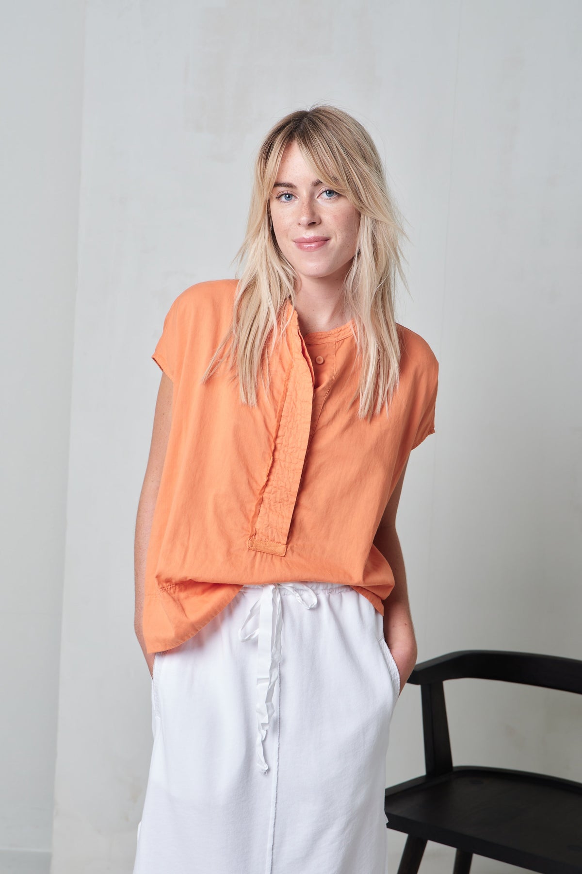 Orange Short - Sleeved Casual Top with Ruffles