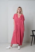 Deep Pink Loose V - Neck Drawstring Long Dress