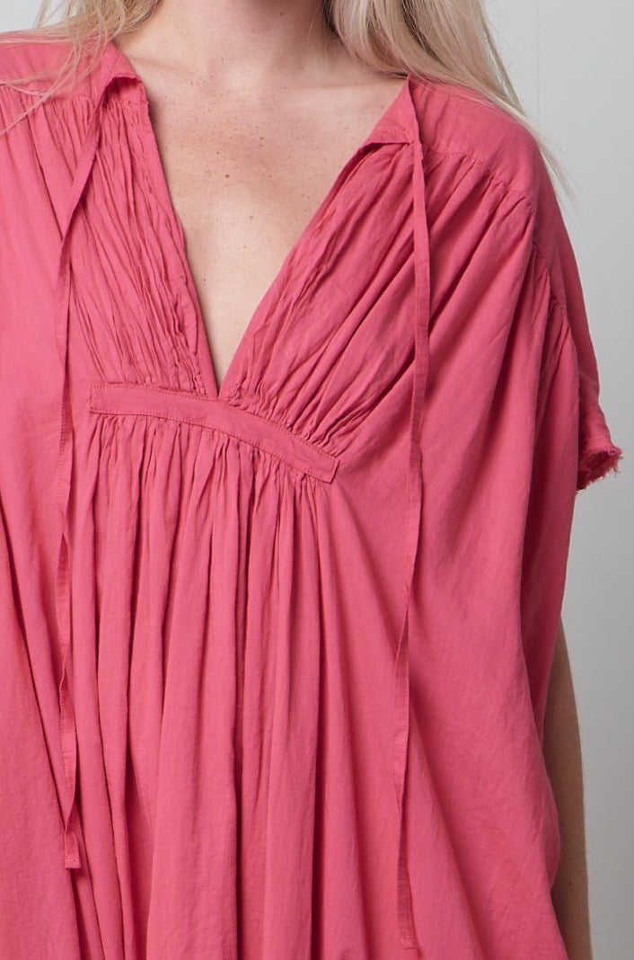 Deep Pink Loose V - Neck Drawstring Long Dress