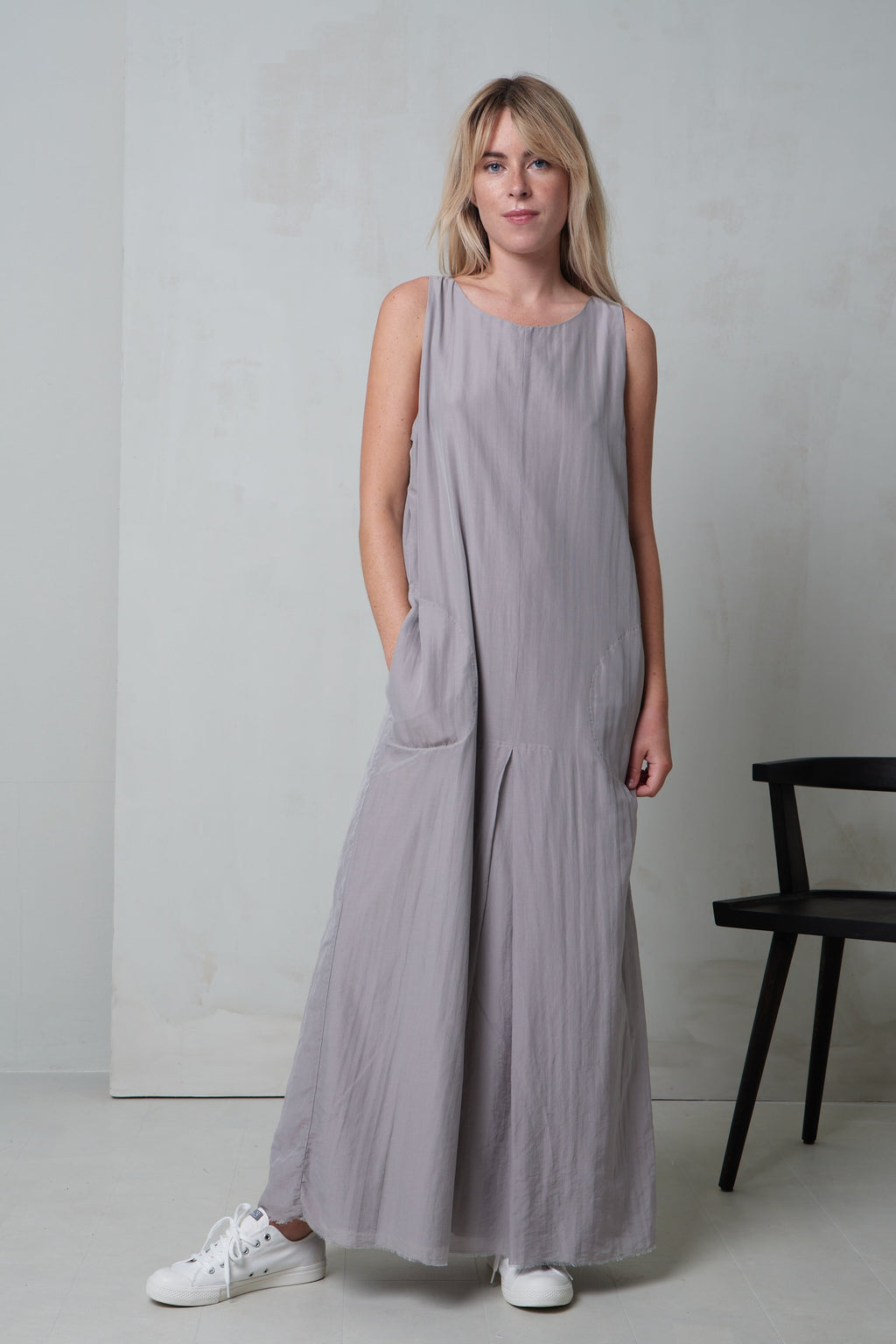 Simple Gray Tone Sleeveless Drape Maxi Dress