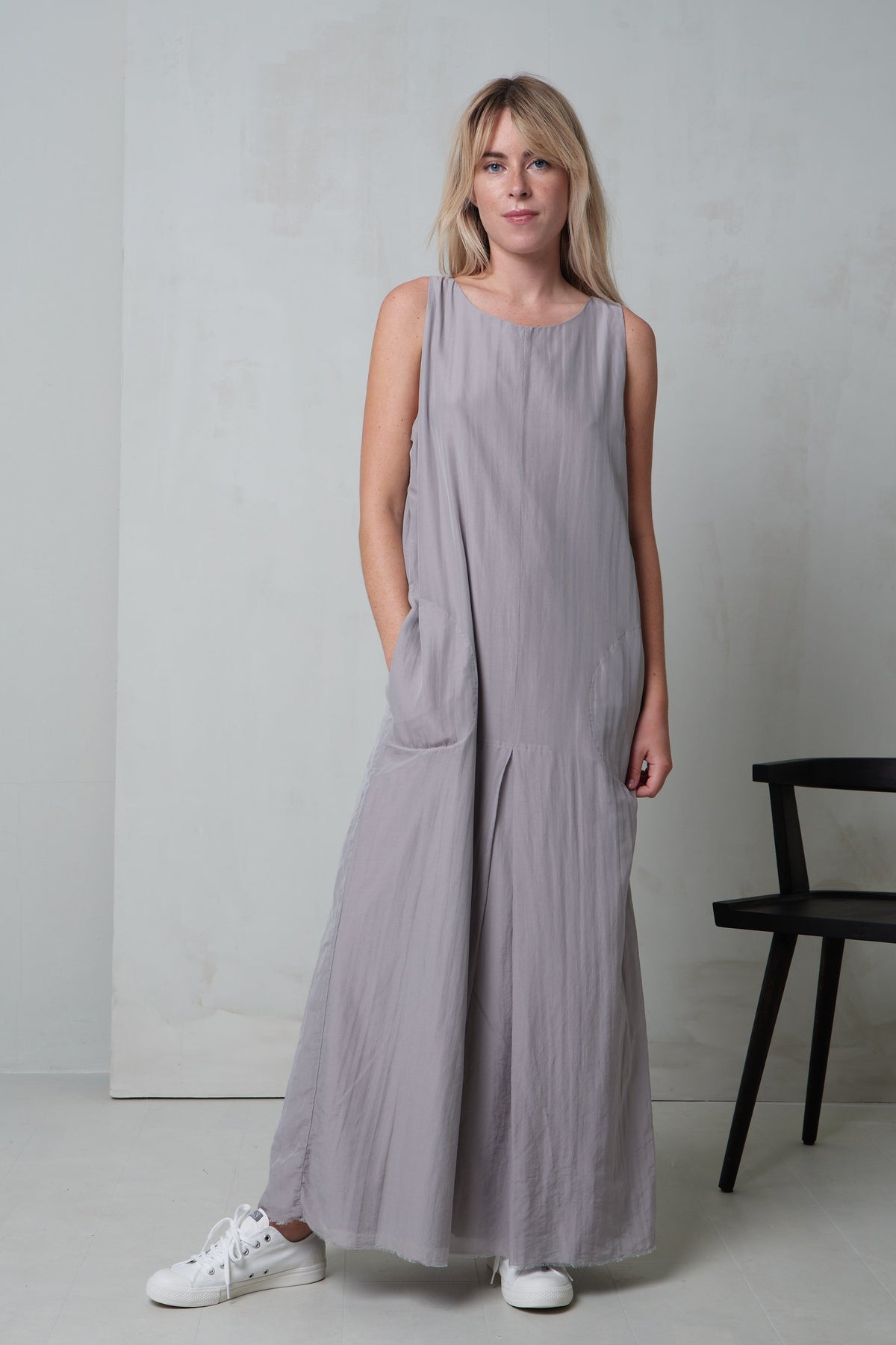 Simple Gray Tone Sleeveless Drape Maxi Dress