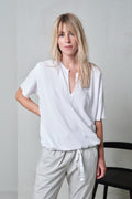 White V-neck Short-sleeve Buttoned Casual T-shirt