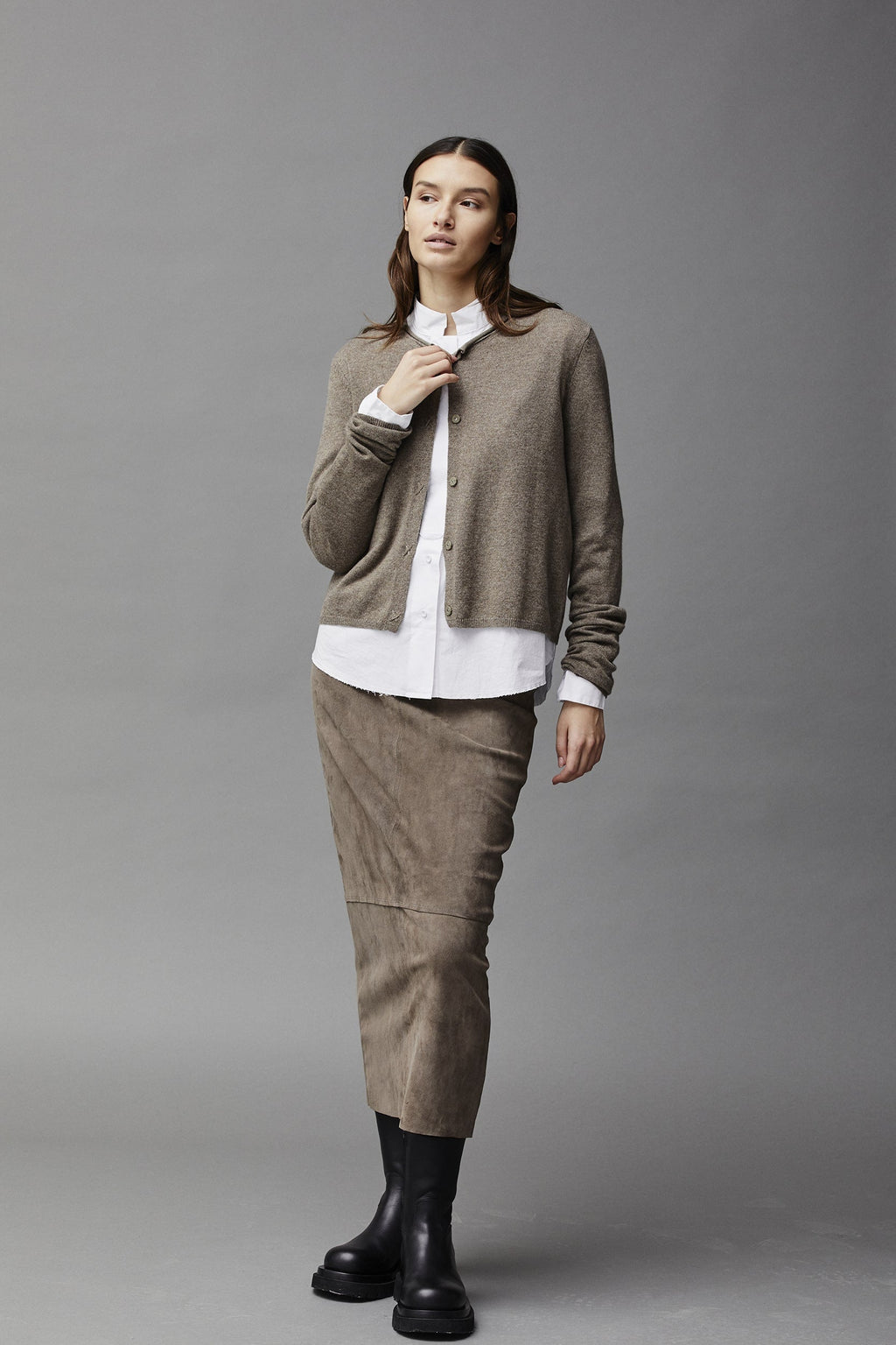 Khaki Check High - Waist Slimming Midi Pencil Skirt