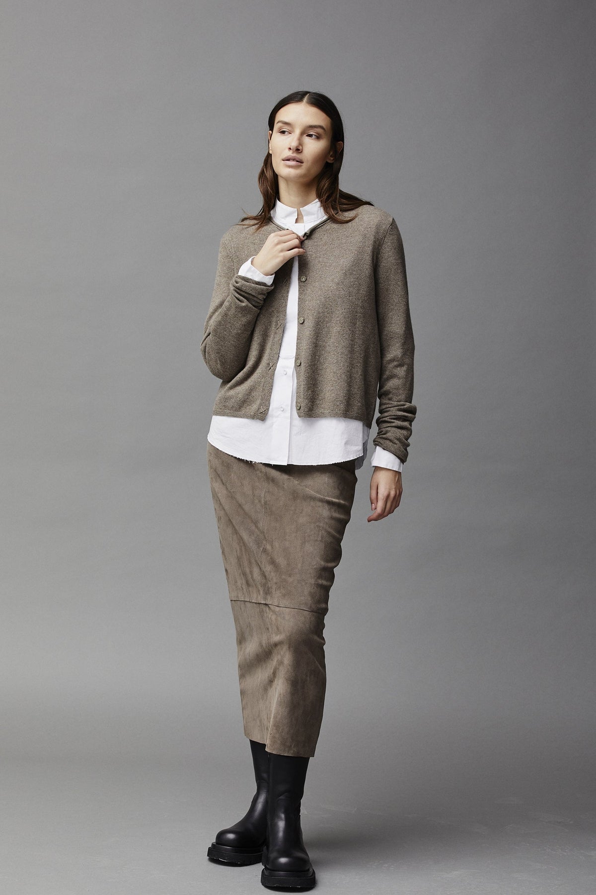 Khaki Check High - Waist Slimming Midi Pencil Skirt