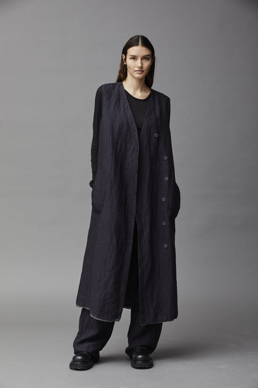 Dark Cotton Linen Long Sleeveless Cardigan