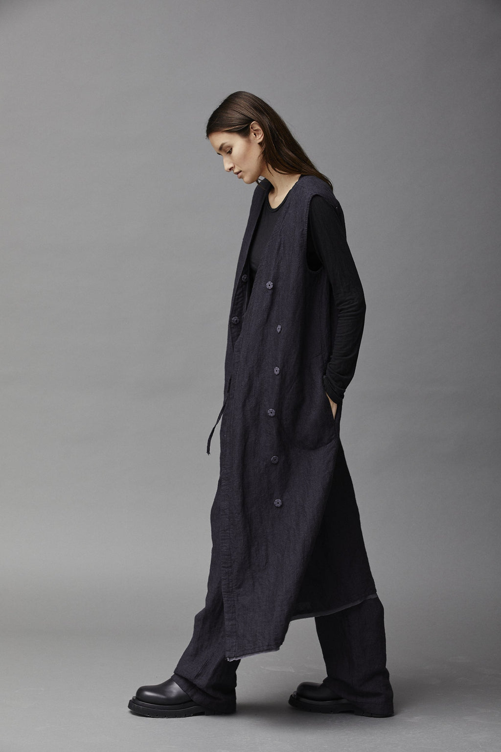Dark Cotton Linen Long Sleeveless Cardigan