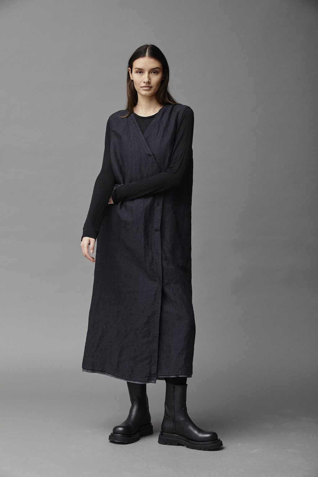 Dark Cotton Linen Long Sleeveless Cardigan