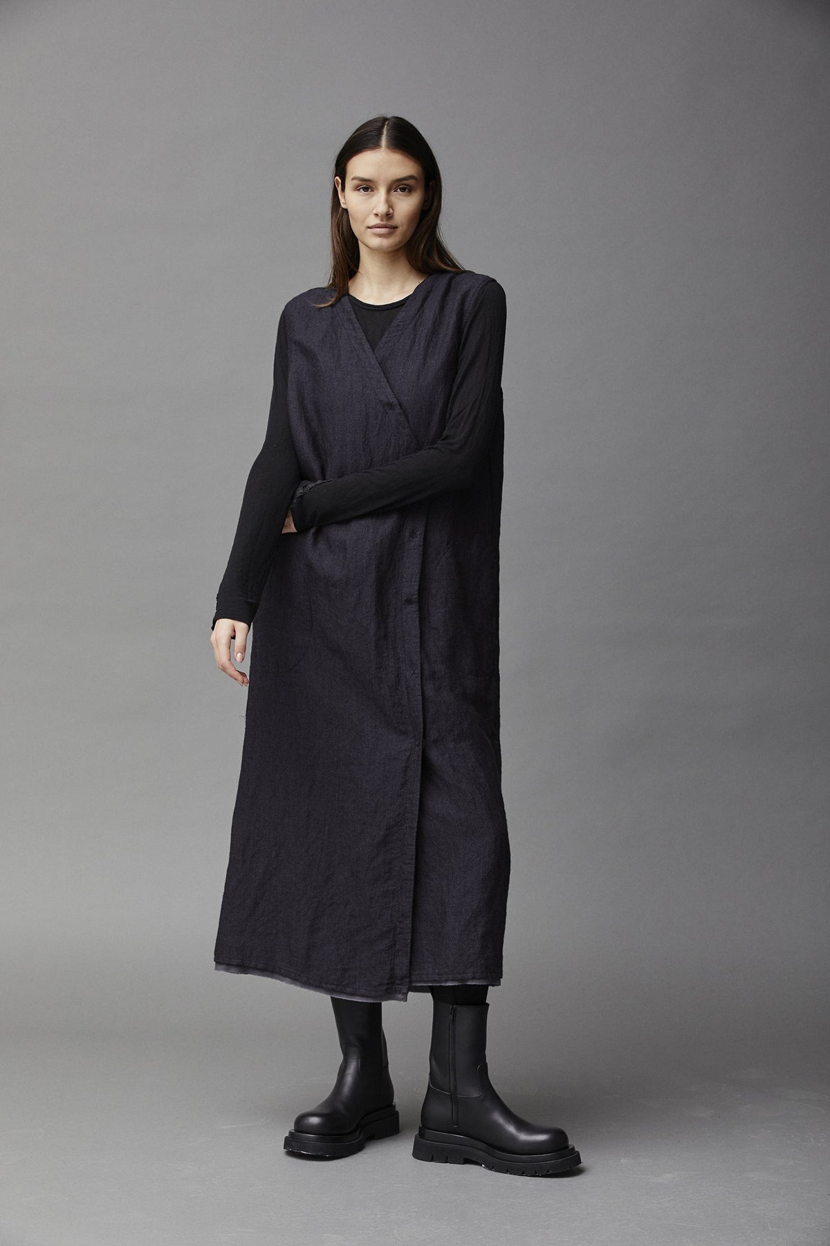 Dark Cotton Linen Long Sleeveless Cardigan
