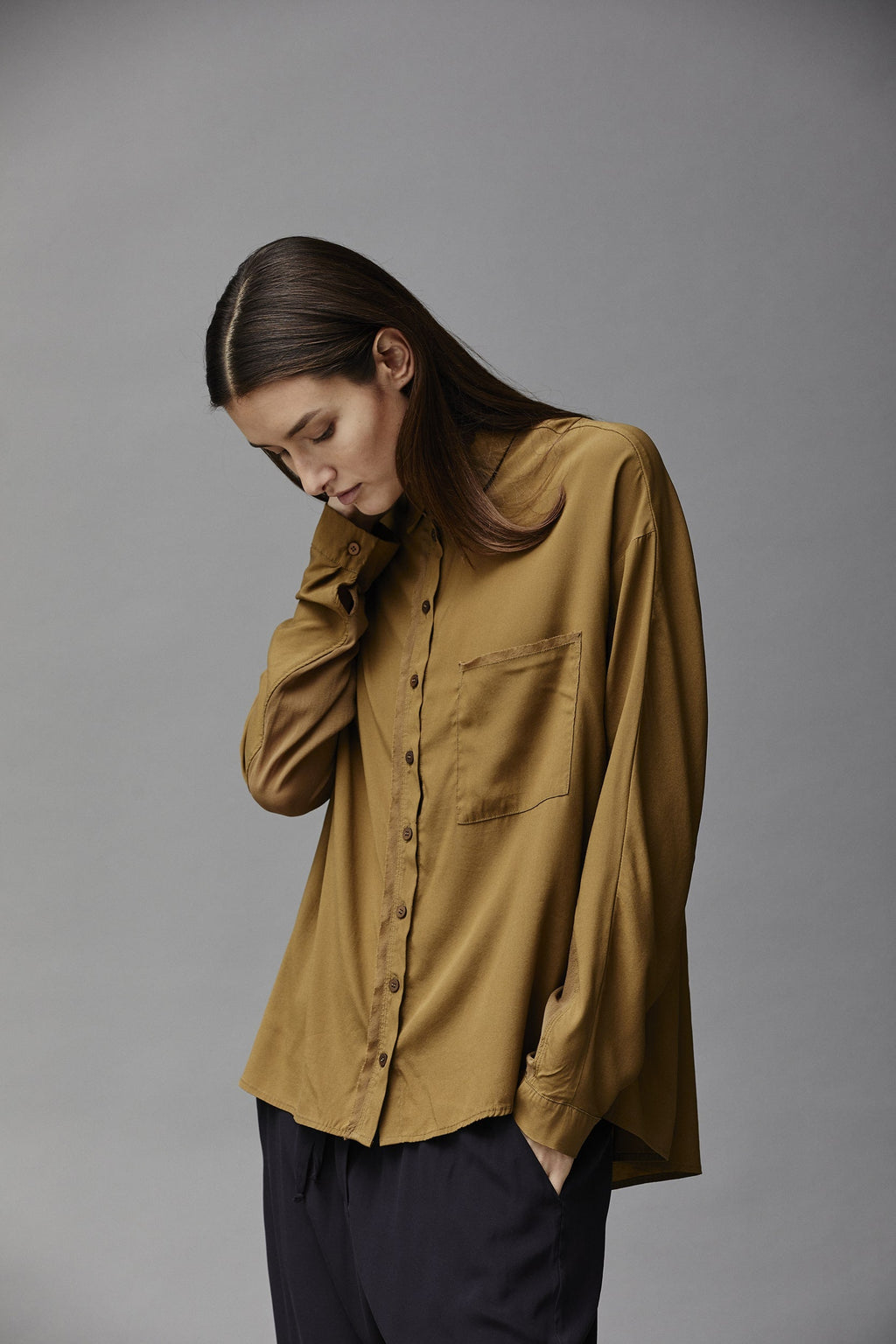 Khaki Long - Sleeved Button - Up Shirt with Pockets