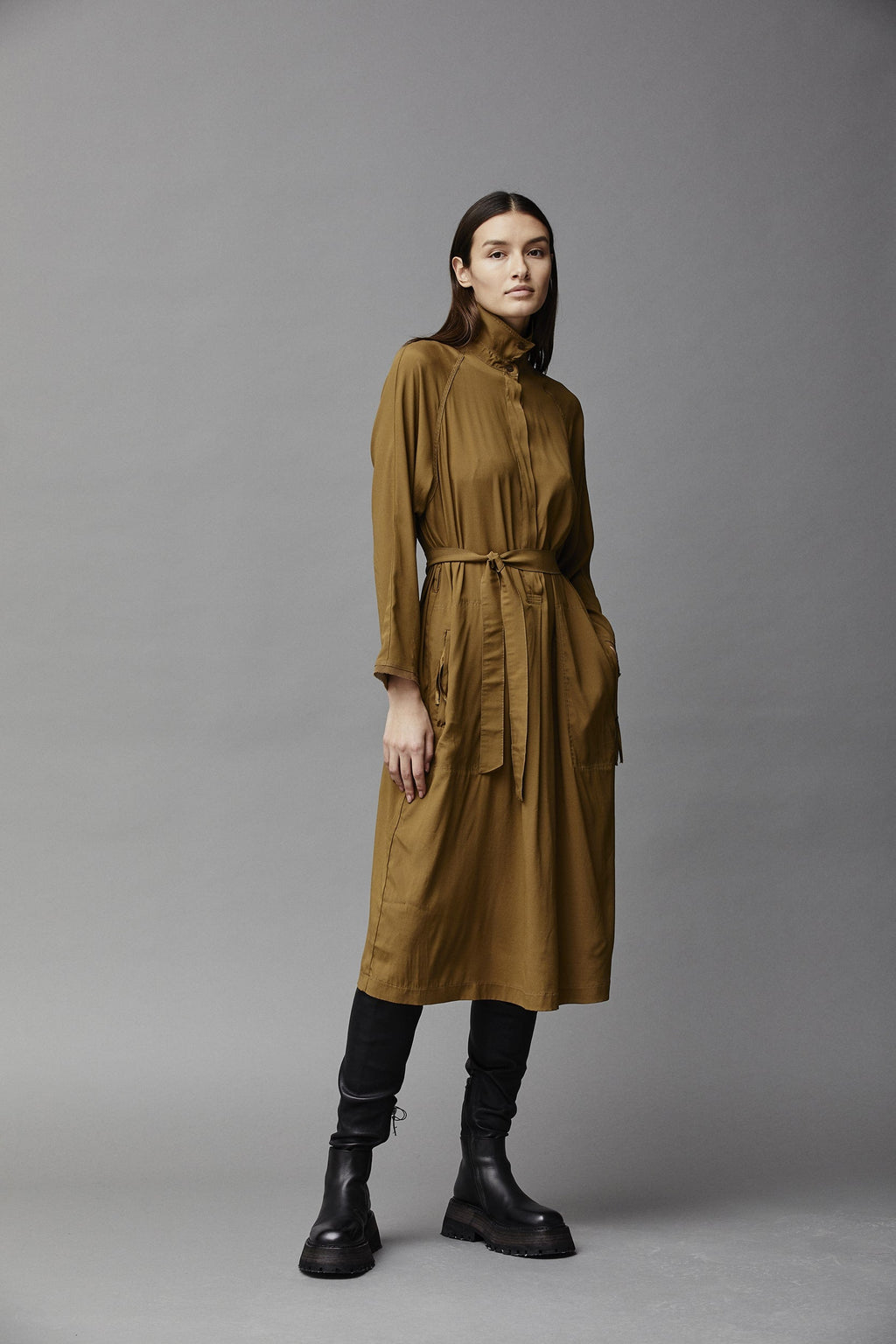 Belted High Collar Mid-Length Shirt Style Dress