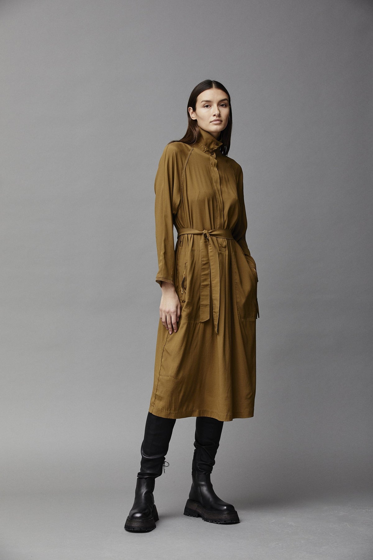 Belted High Collar Mid-Length Shirt Style Dress
