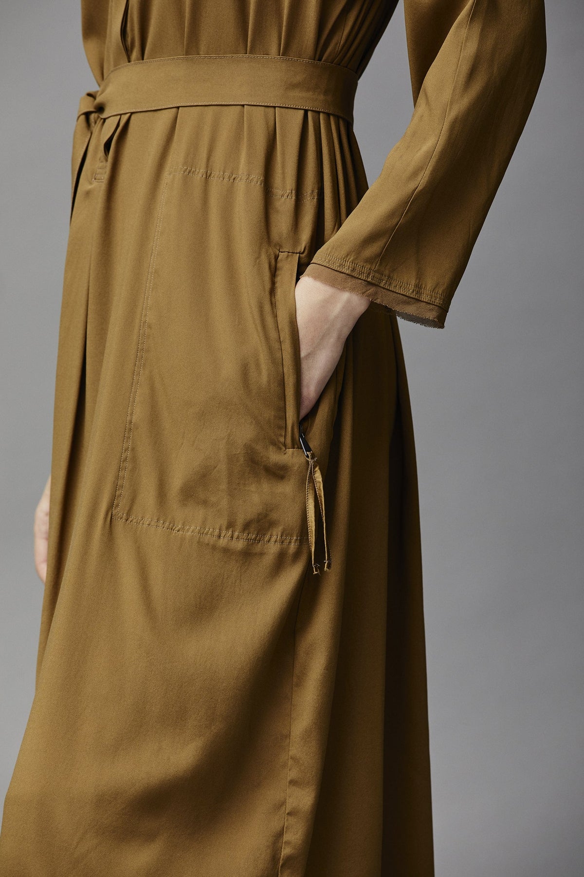 Belted High Collar Mid-Length Shirt Style Dress