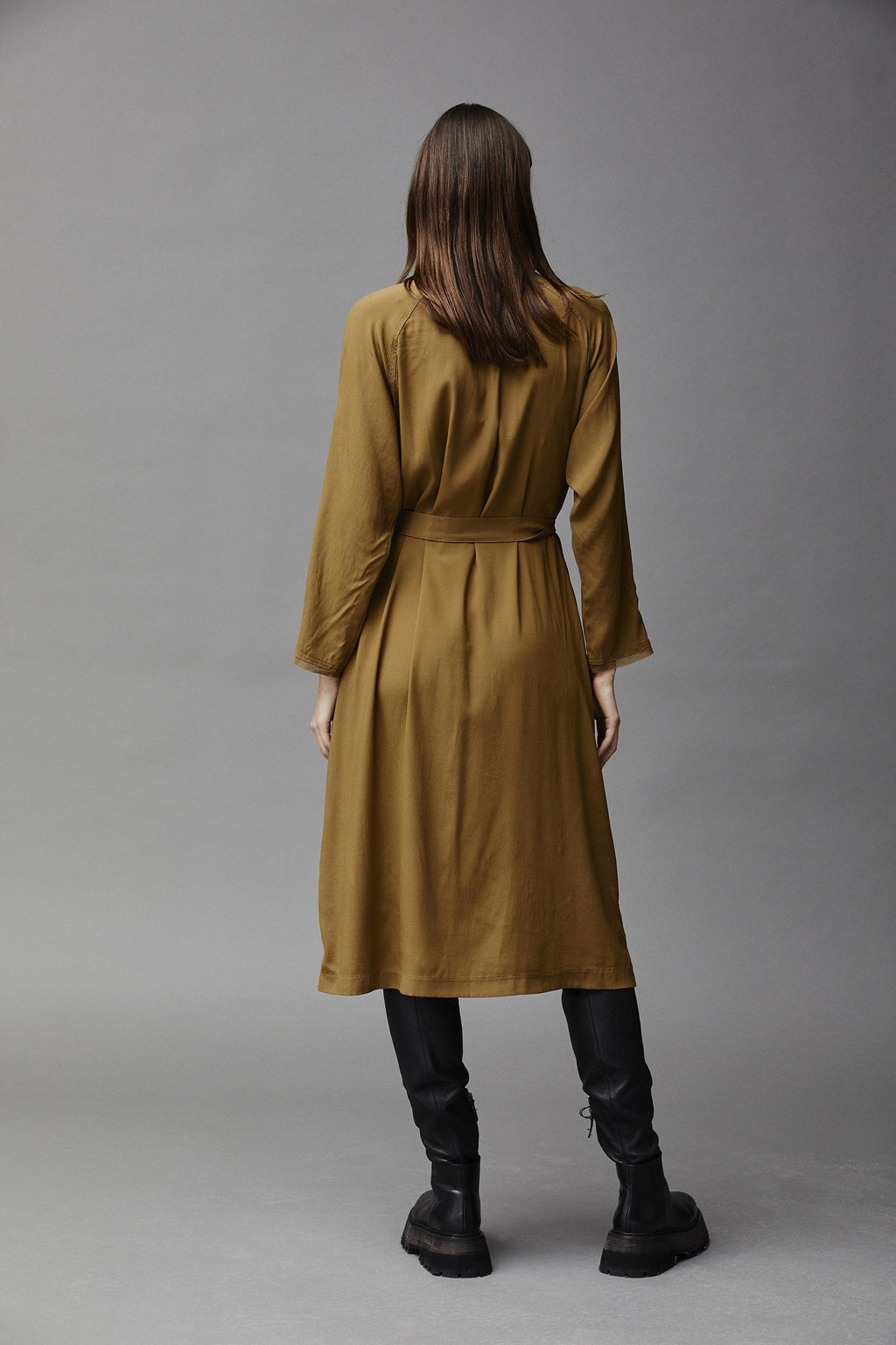 Belted High Collar Mid-Length Shirt Style Dress