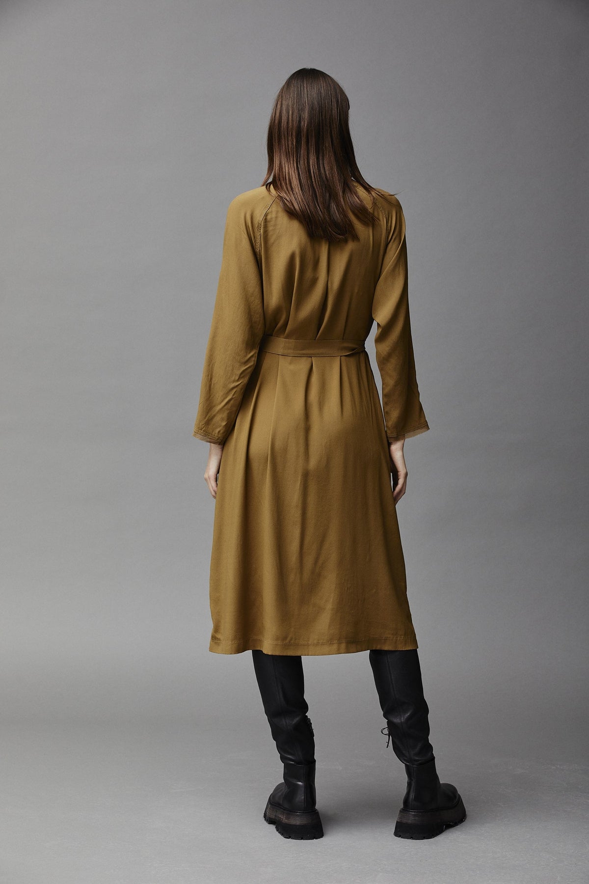 Belted High Collar Mid-Length Shirt Style Dress