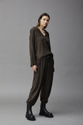 Black Simple V-Neck Long Sleeved Gathered Blouse