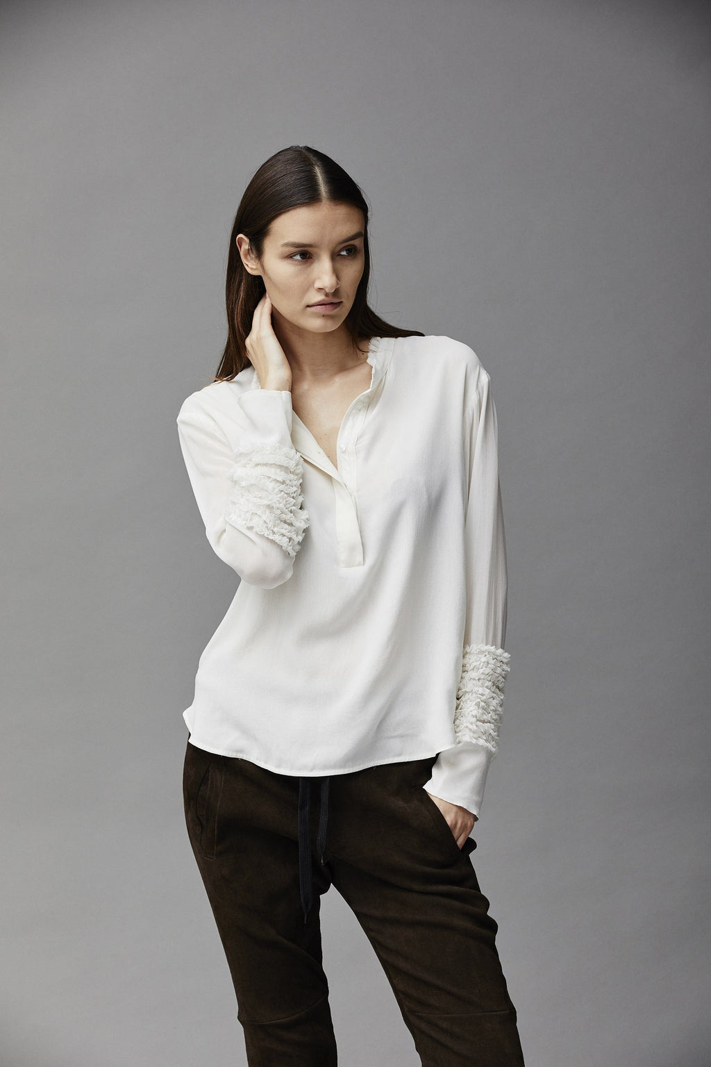 White Long - Sleeved Shirt with Fuzzy Cuff Decorations