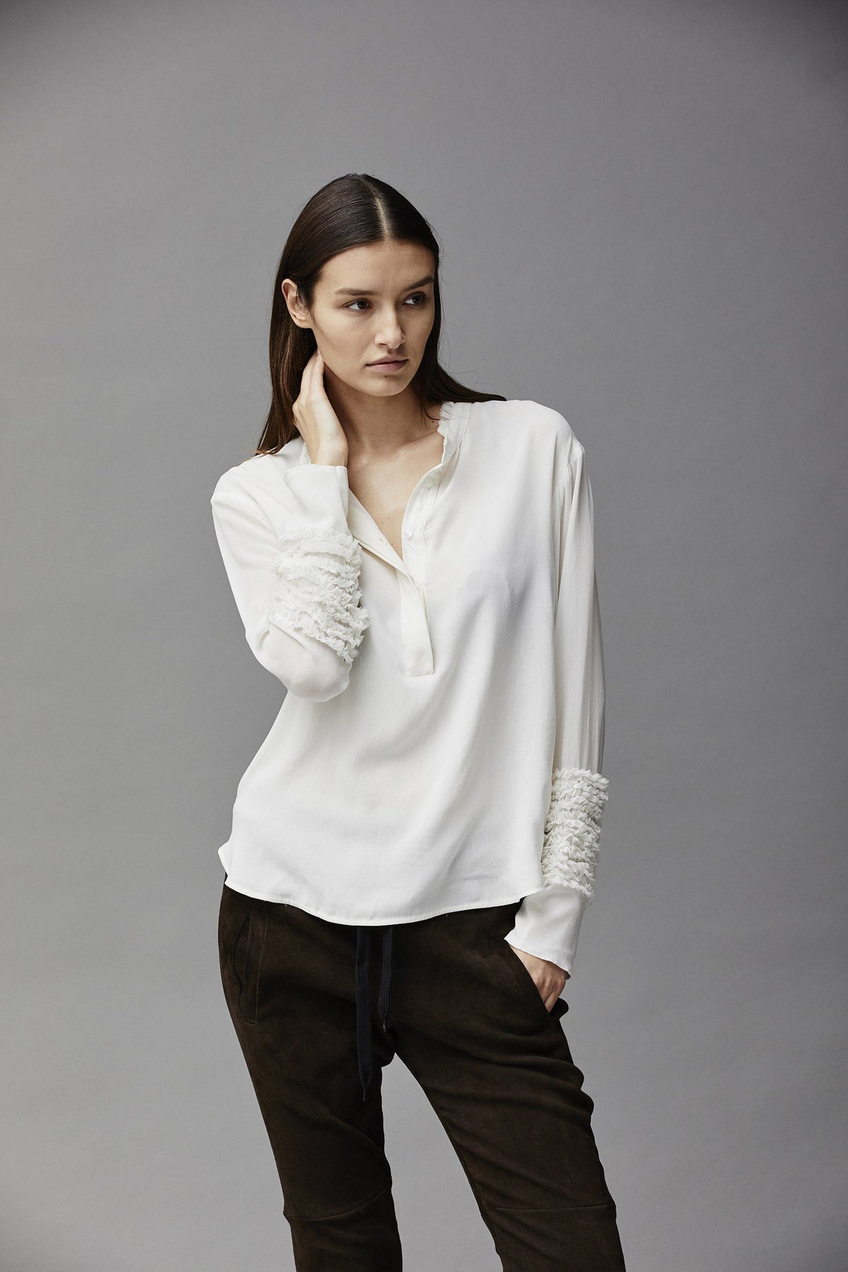 White Long - Sleeved Shirt with Fuzzy Cuff Decorations