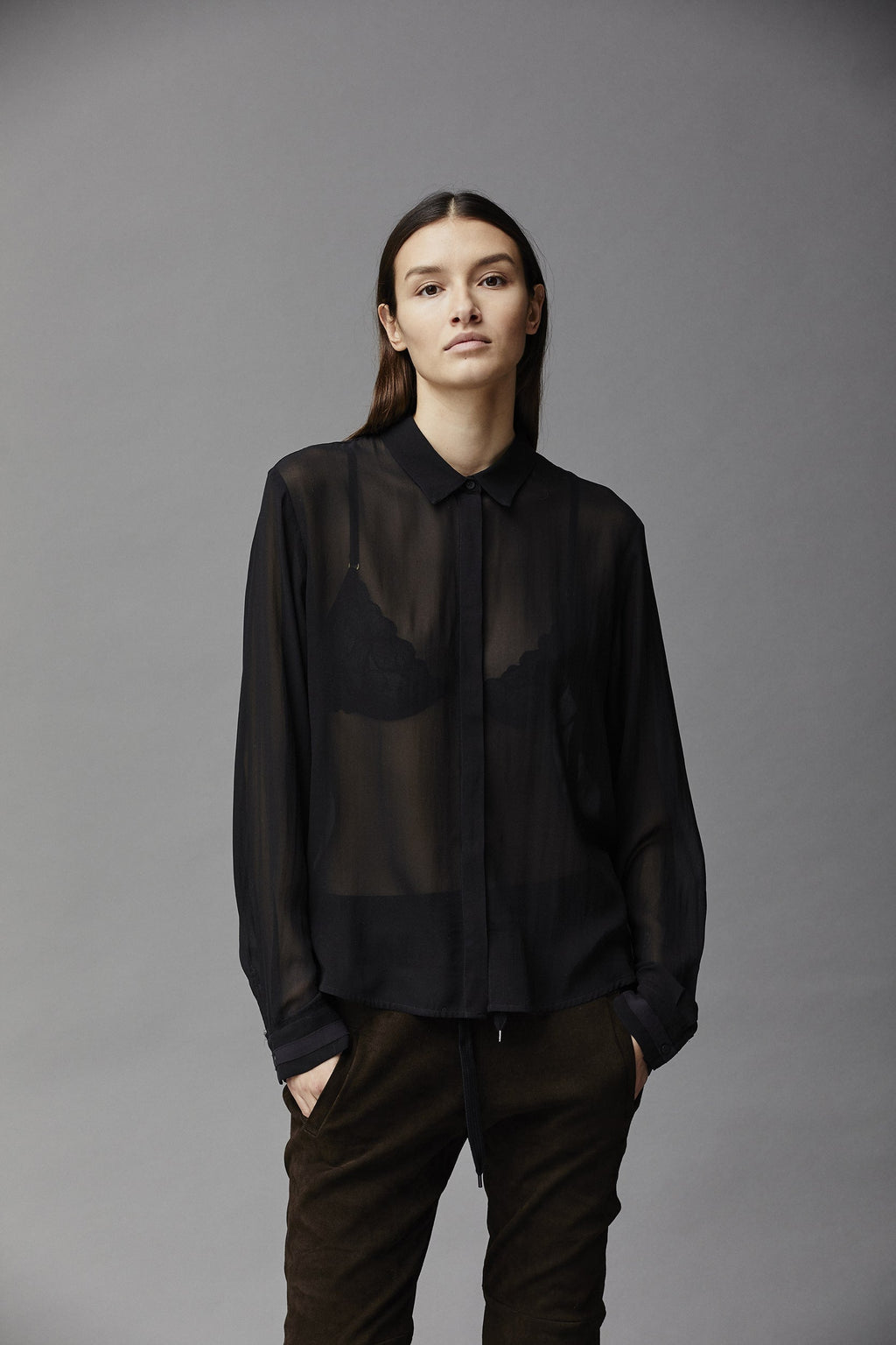 Black Transparent Lace Panel Long - Sleeved Shirt