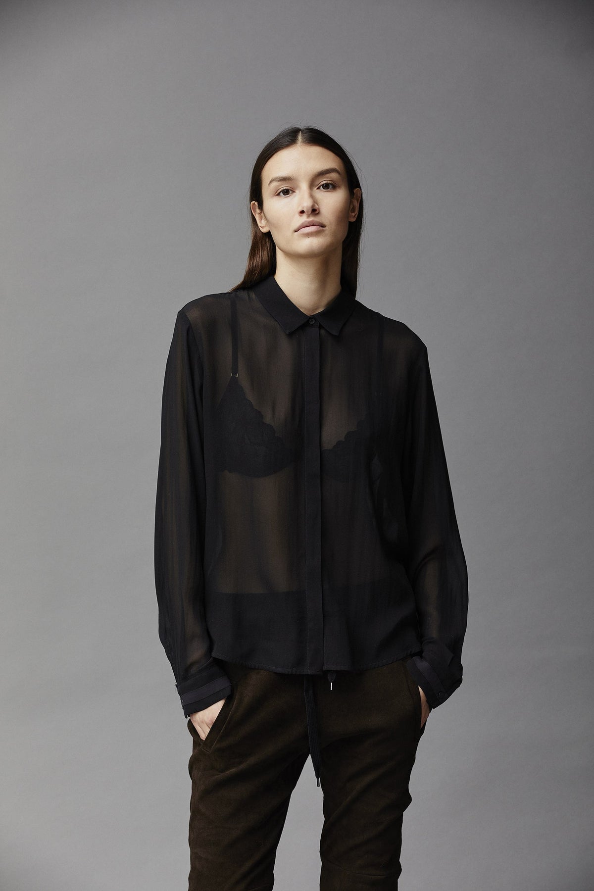 Black Transparent Lace Panel Long - Sleeved Shirt
