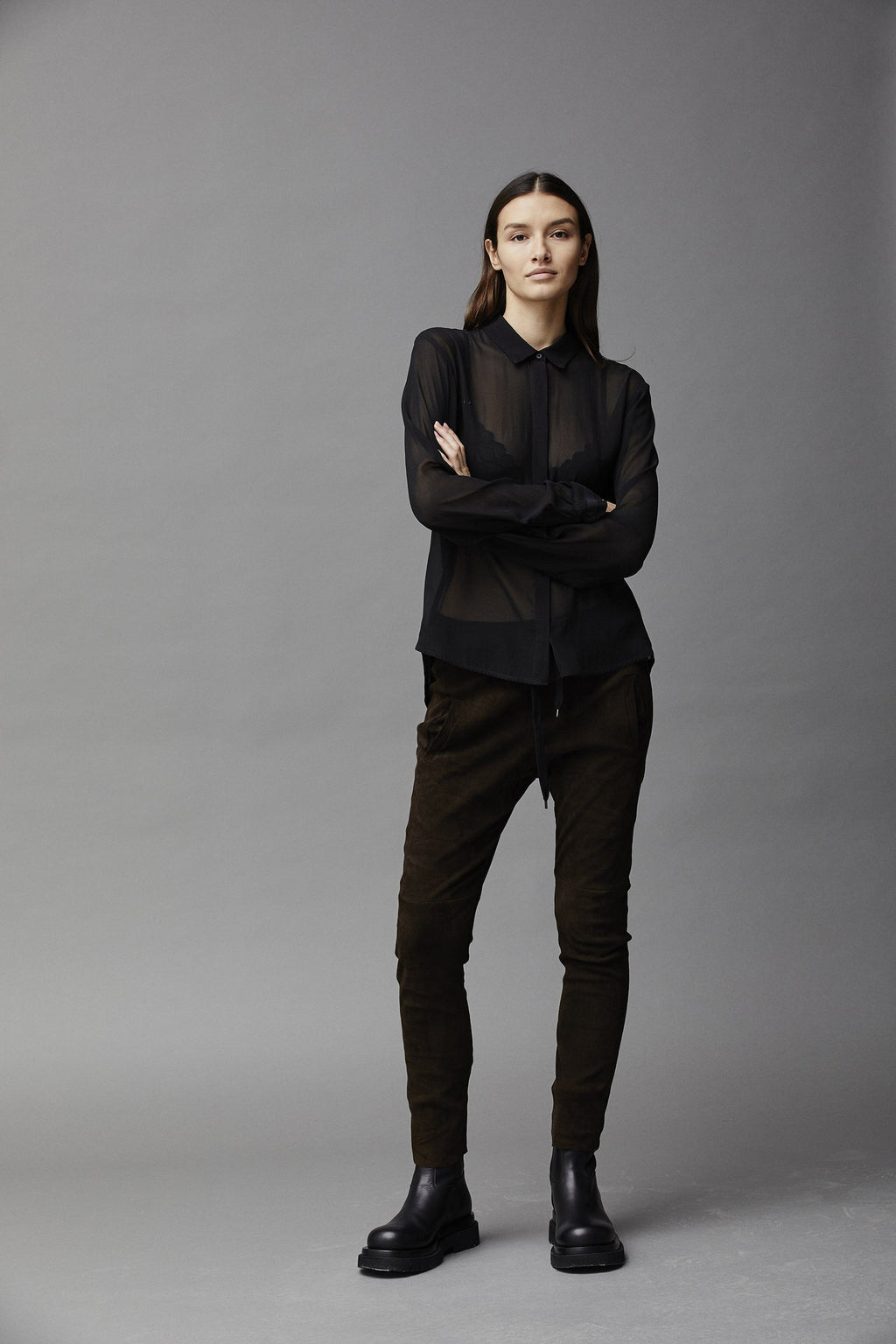 Black Transparent Lace Panel Long - Sleeved Shirt