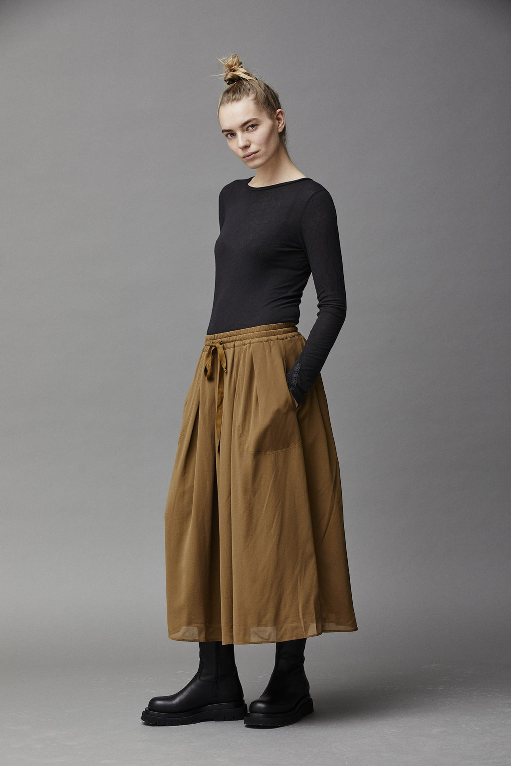 Khaki Drawstring High - Waist Slimming A - Line Skirt