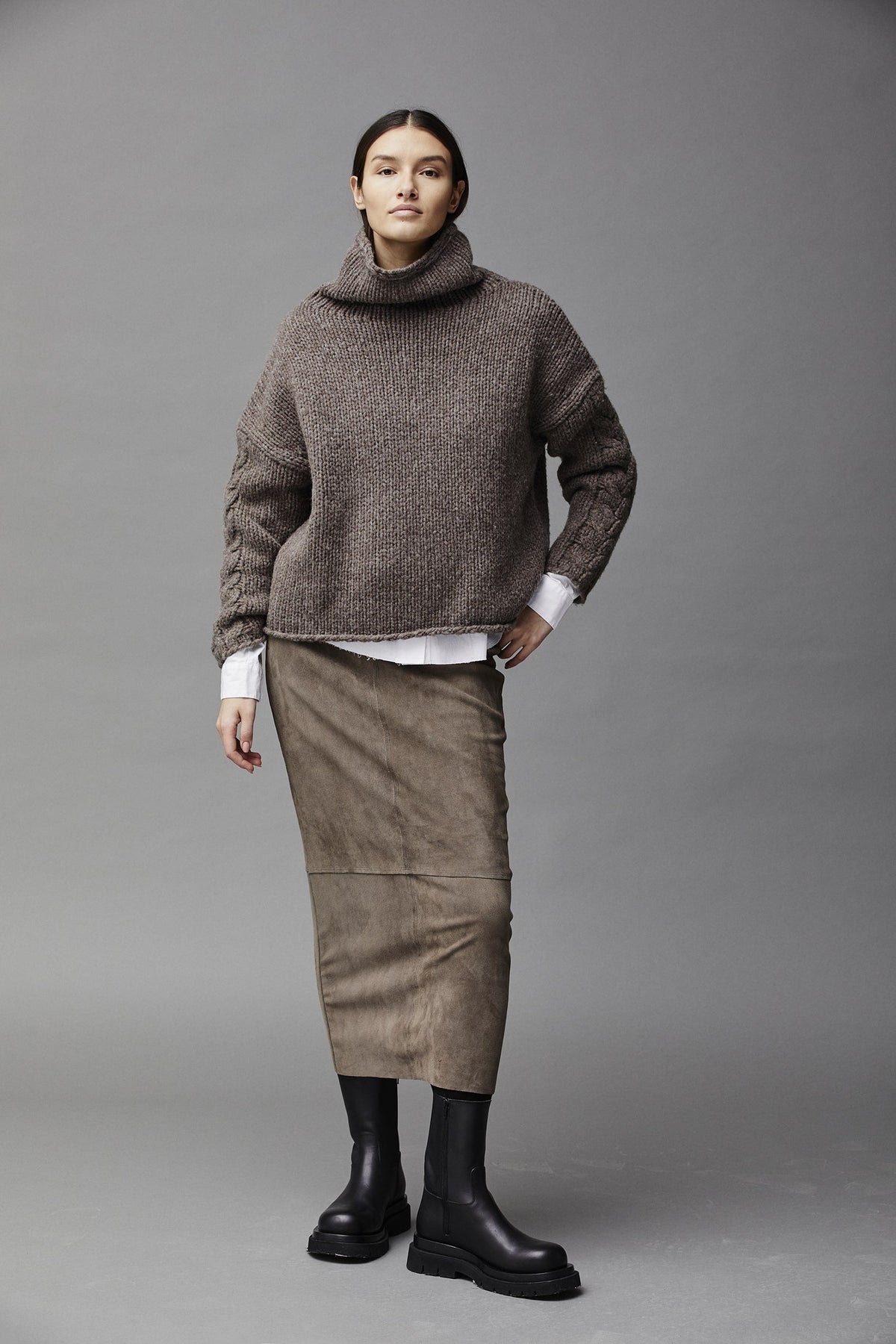 Khaki Check High - Waist Slimming Midi Pencil Skirt