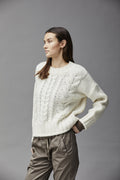 Chunky Cable Knit White Crew Neck Sweater