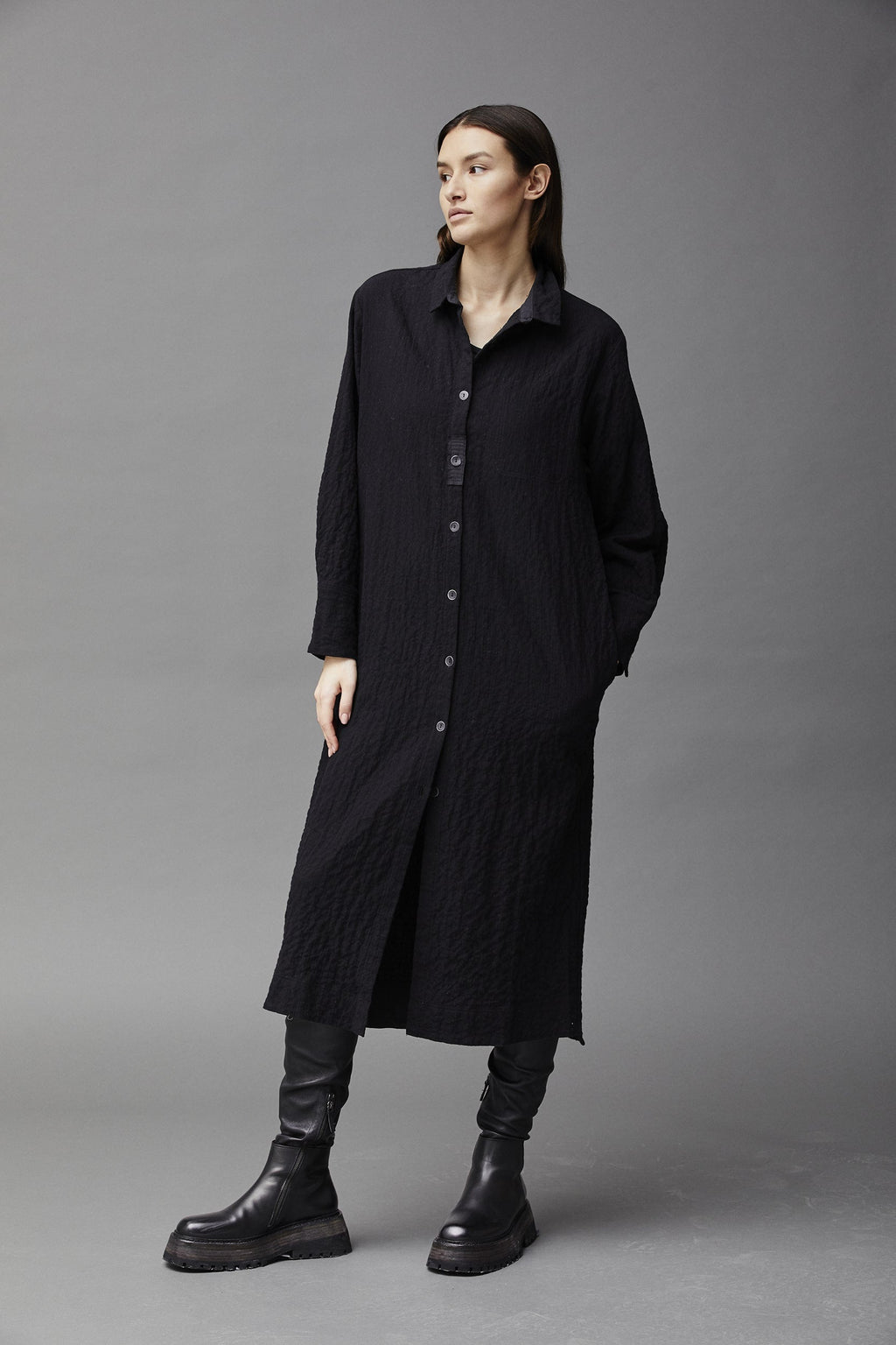 Black Textured Long Buttoned Shirt Jacket
