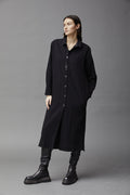 Black Textured Long Buttoned Shirt Jacket