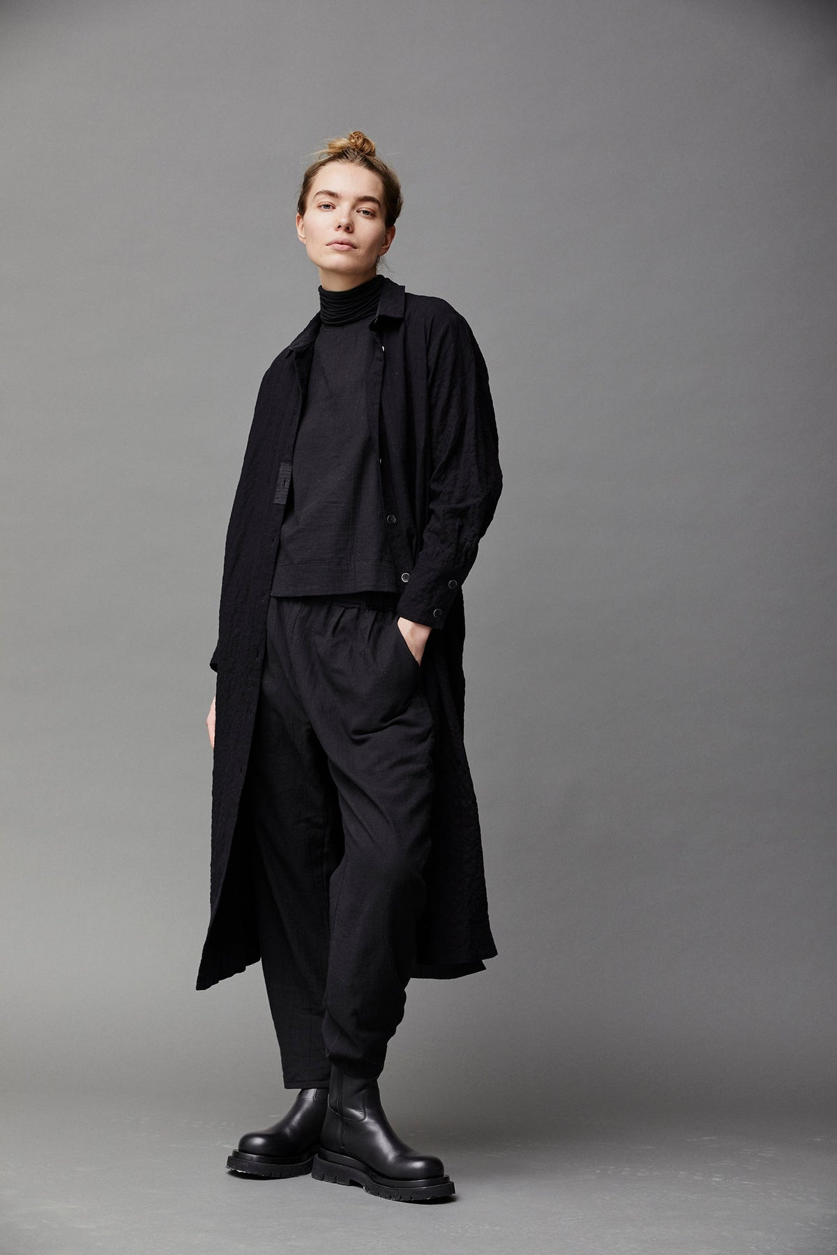 Black Textured Long Buttoned Shirt Jacket