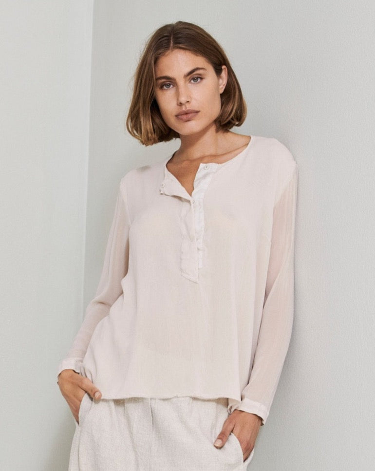 Light Pink Long Sleeved Button Decorated V-Neck Shirt