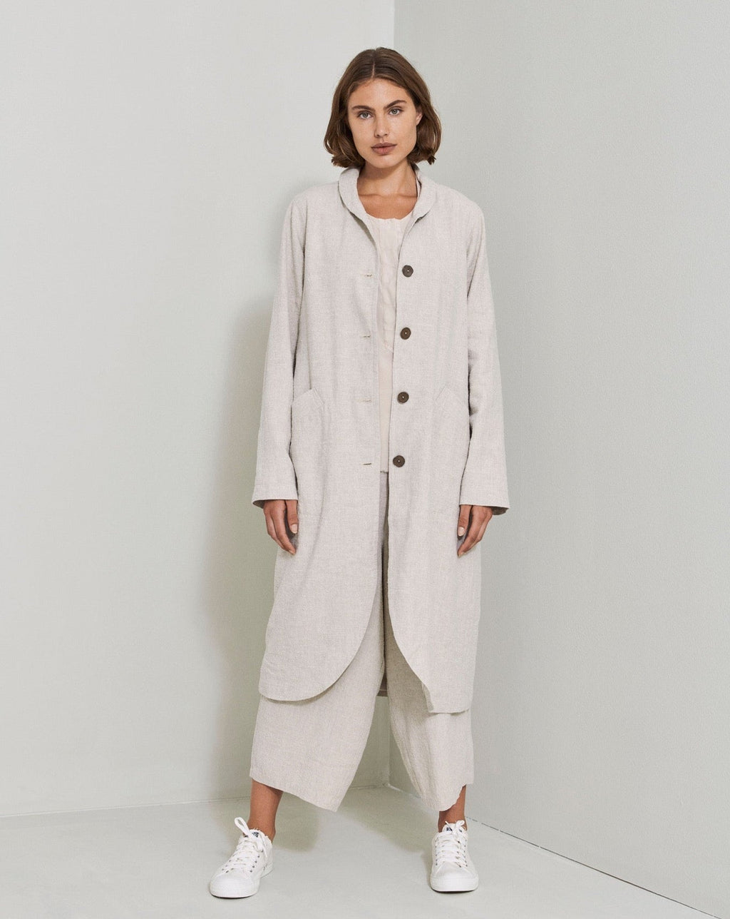 Light Gray Linen Buttoned Long Casual Trench Coat