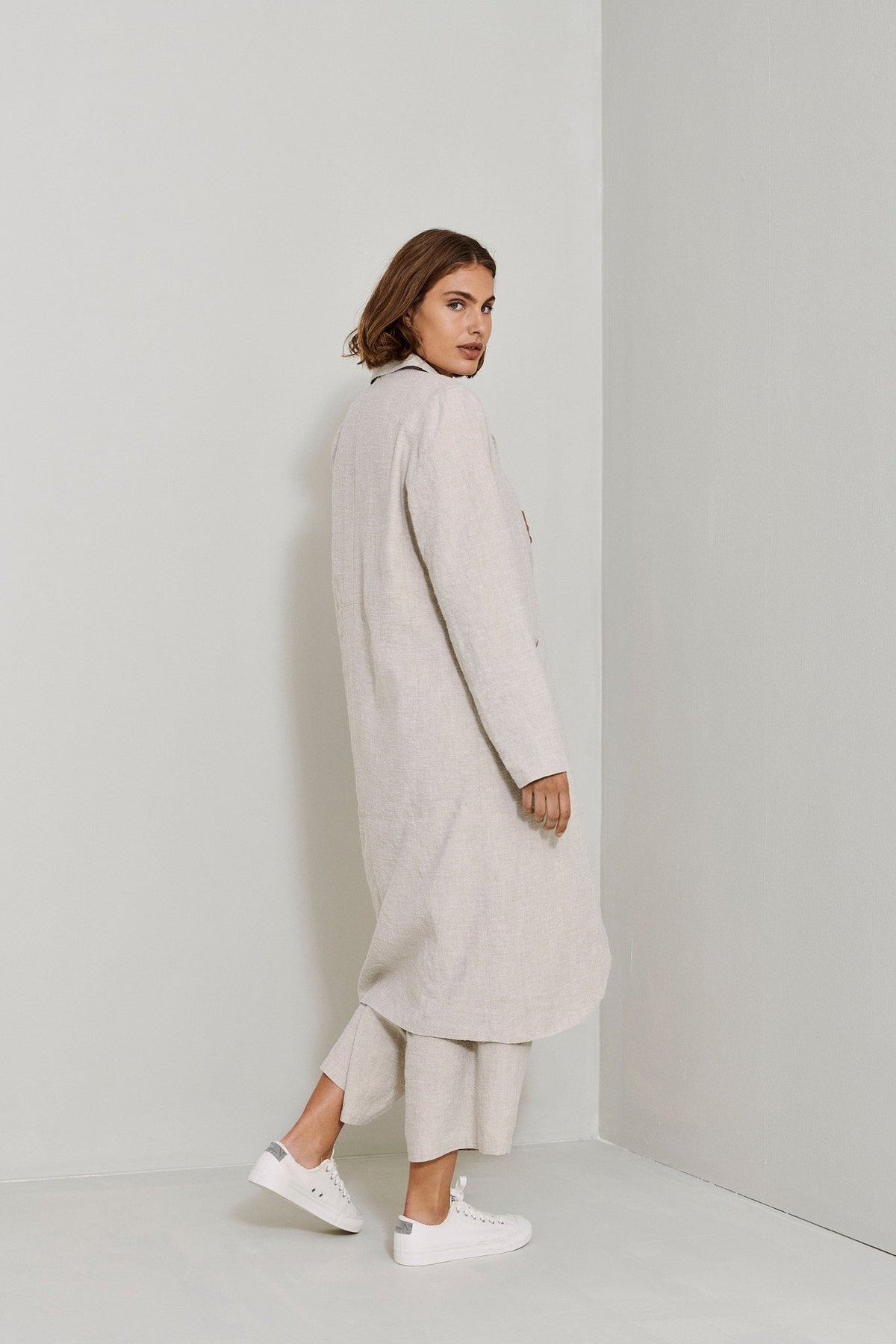 Light Gray Linen Buttoned Long Casual Trench Coat