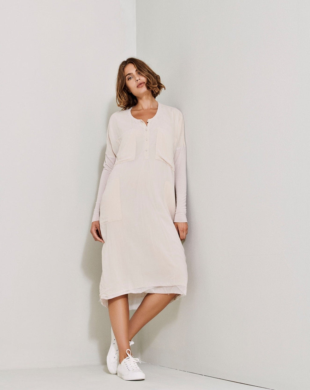 White Button Long - Sleeved Mid - Length Dress