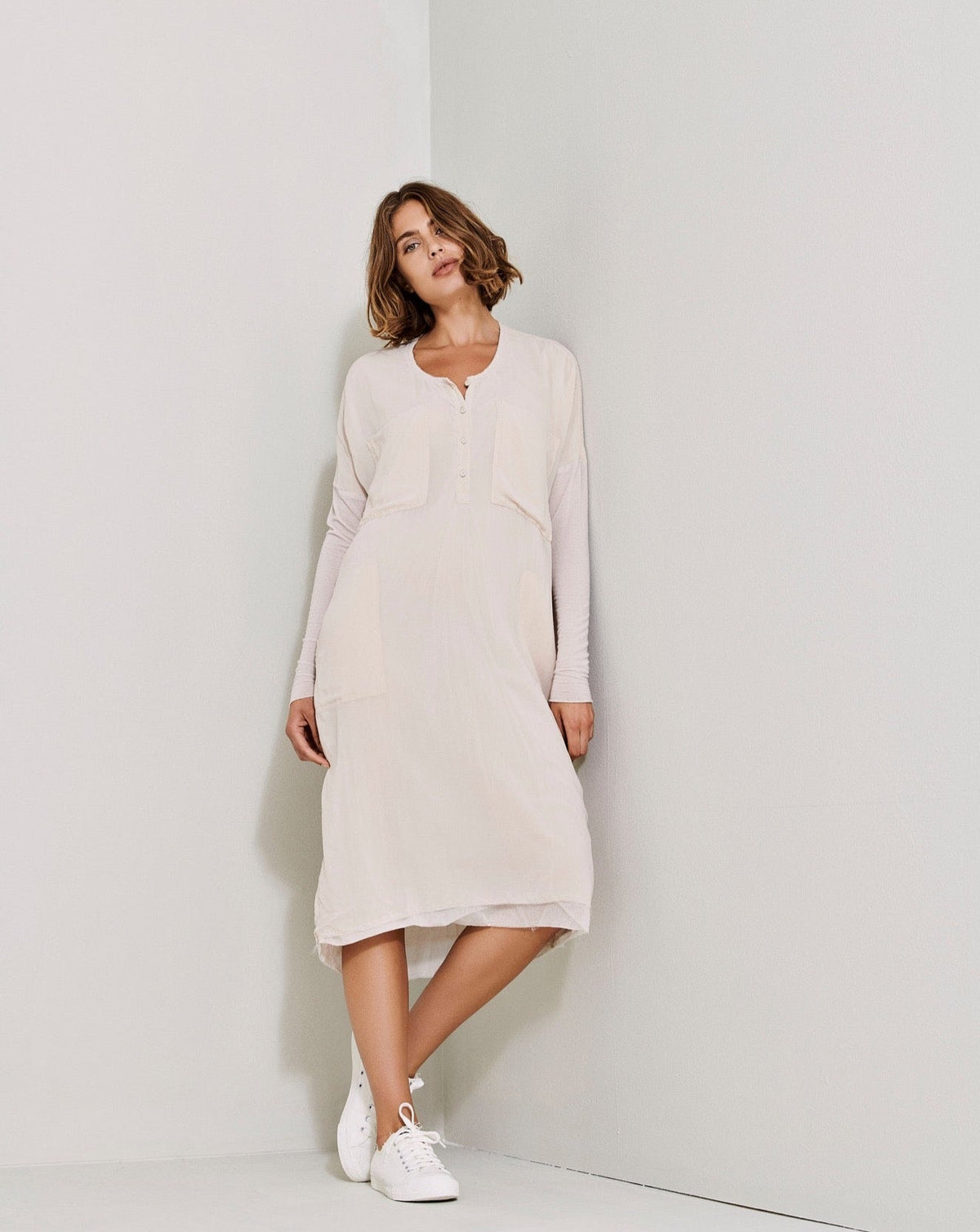 White Button Long - Sleeved Mid - Length Dress