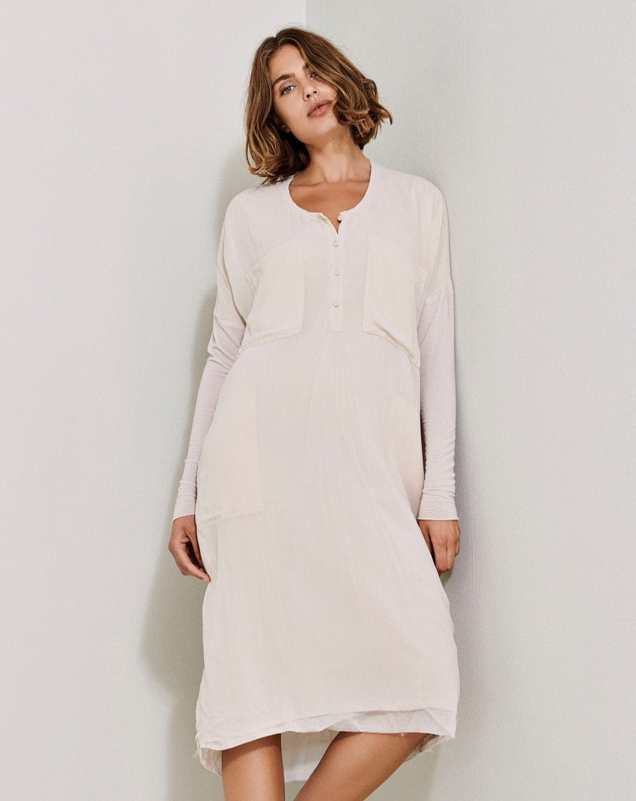 White Button Long - Sleeved Mid - Length Dress