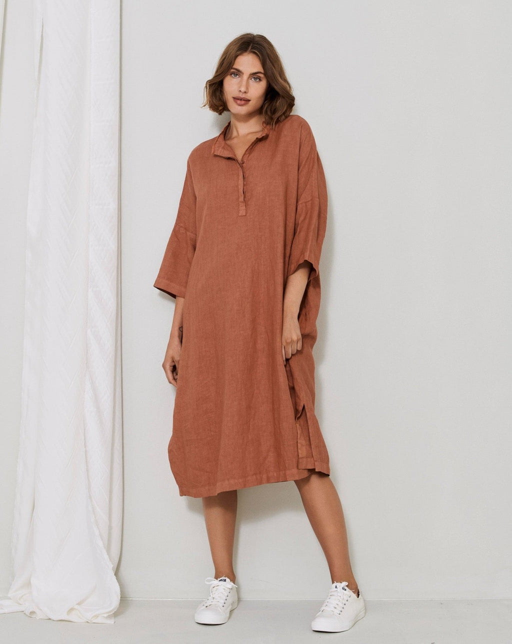 Laid-back Cotton Linen Boho Style 3/4 Sleeves Dress