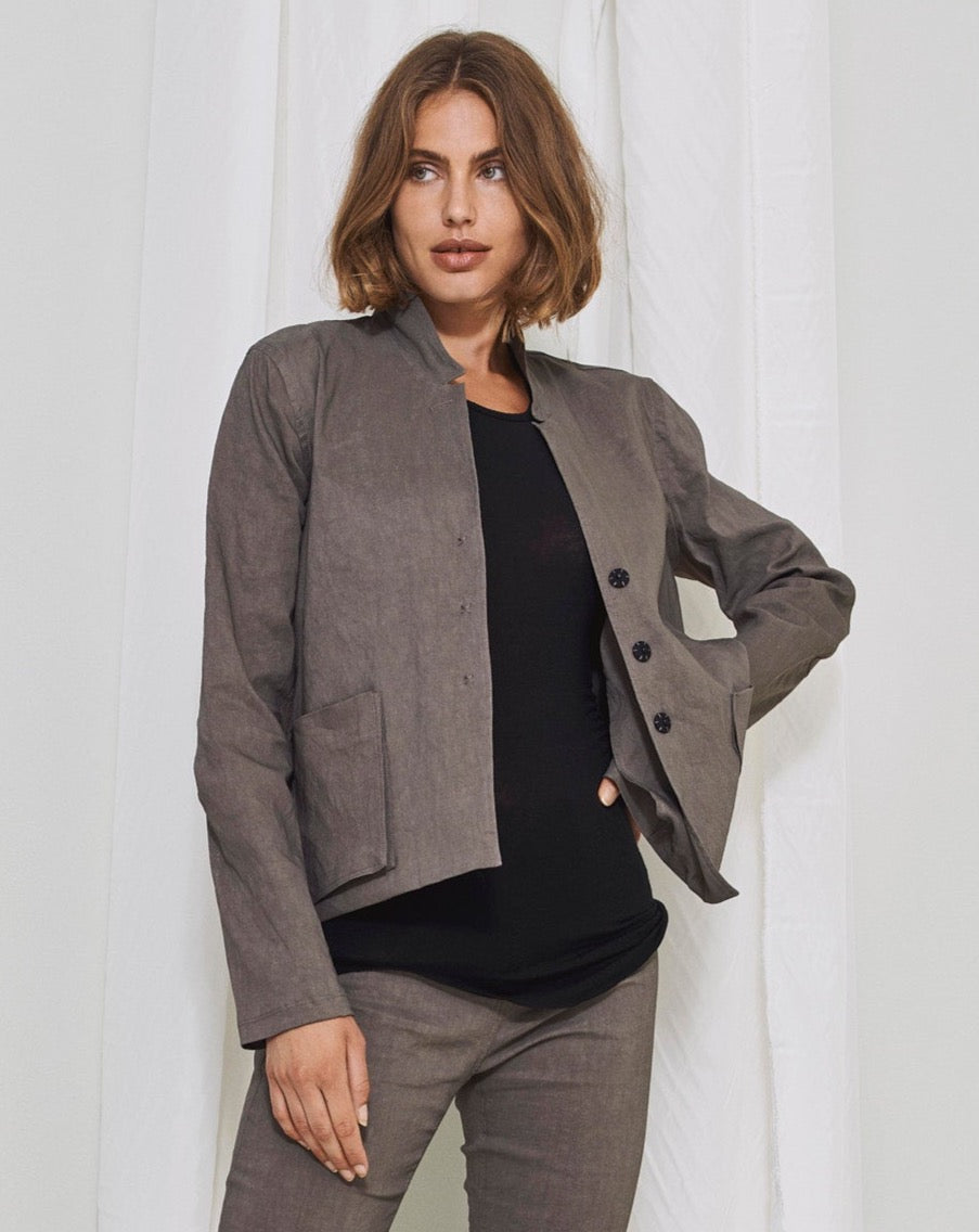 Elegant Grey Linen-Blend Buttoned Jacket with Pockets
