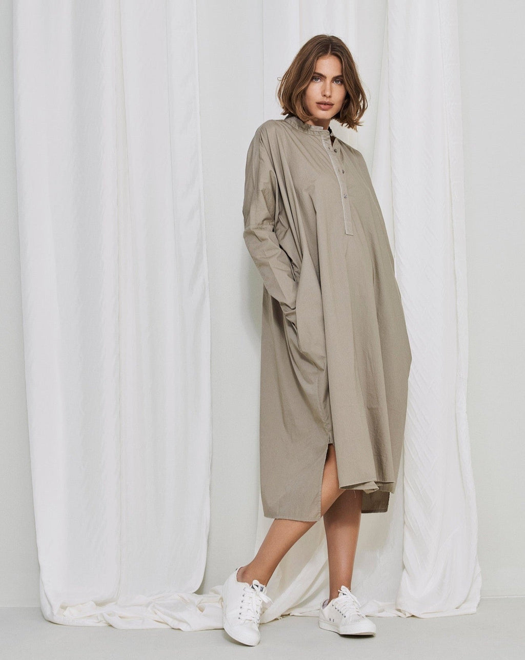 Mandarin Collar Buttoned Split Long Dress