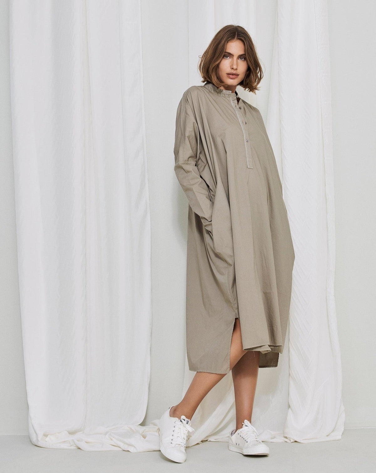 Mandarin Collar Buttoned Split Long Dress