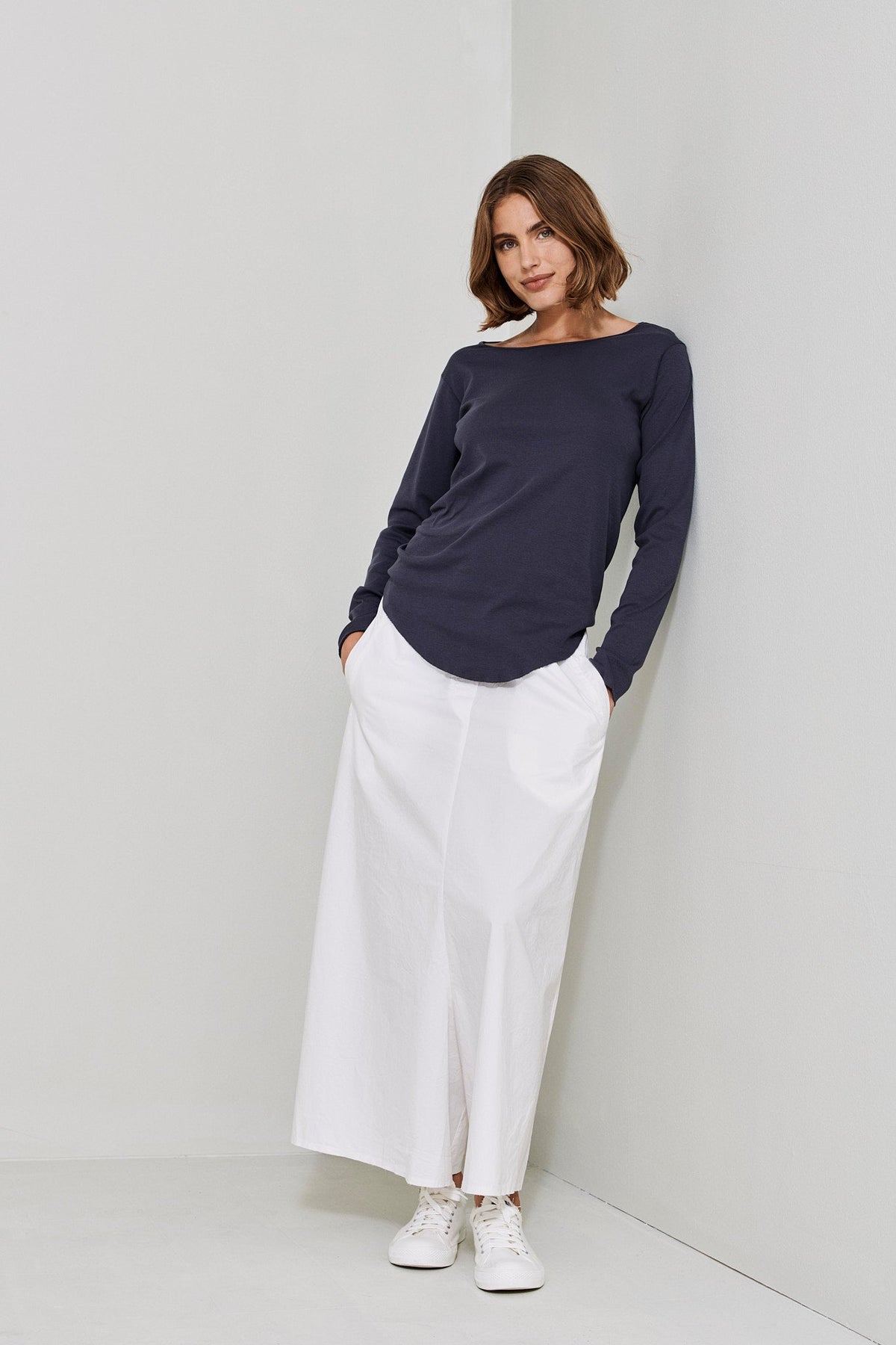 White Drape-Medium-Length Skirt