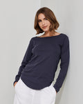 Navy Blue Simple Long - Sleeved Round Neck Loose Top