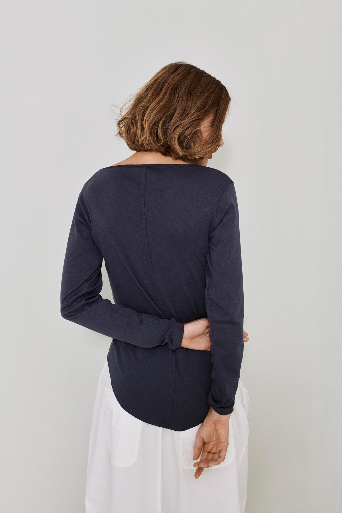 Navy Blue Simple Long - Sleeved Round Neck Loose Top