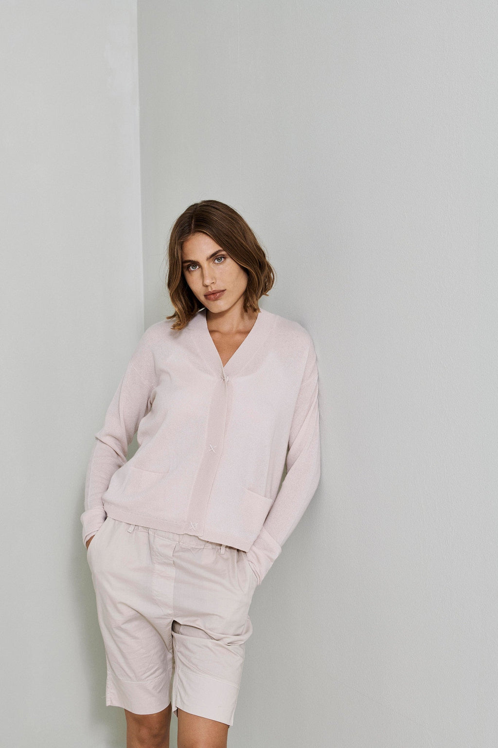 Light Pink V-Neck Buttoned Cardigan