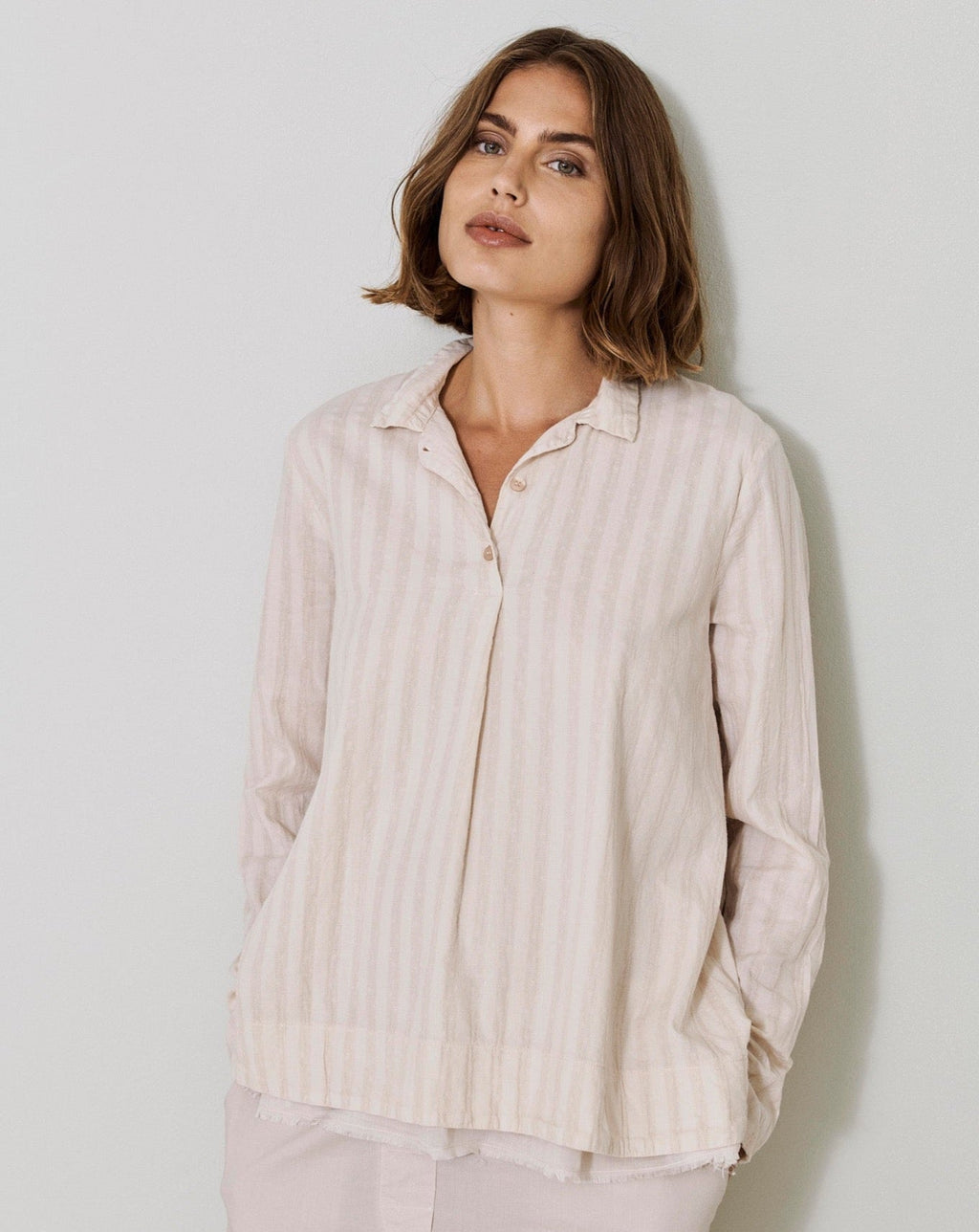 Light Beige Striped Button-Down Long-Sleeve Shirt