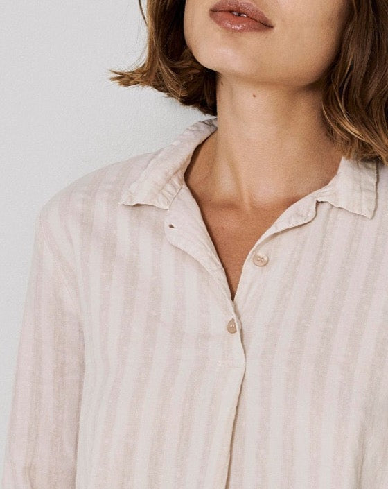 Light Beige Striped Button-Down Long-Sleeve Shirt