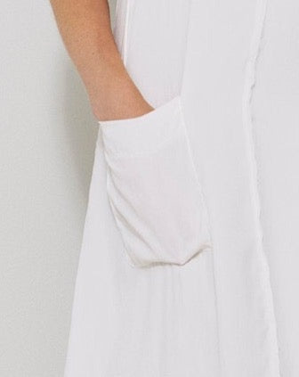 White V-neck Side Pocket Midi Sleeveless Dress