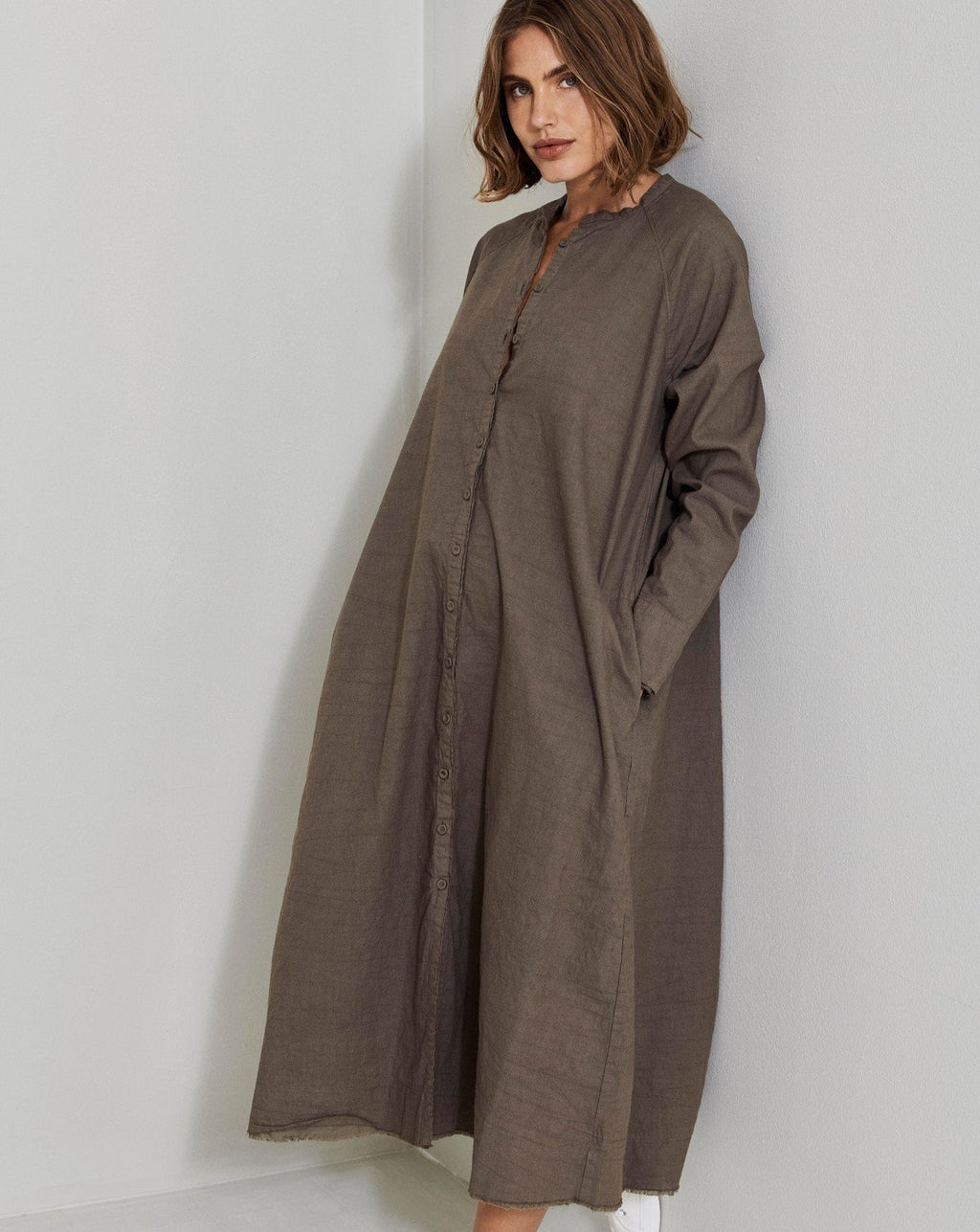 Retro Style Buttoned Linen Long Dress